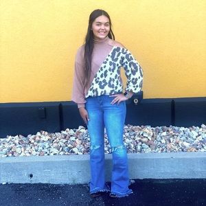 Leopard Print Block French Terry Cold Shoulder Top